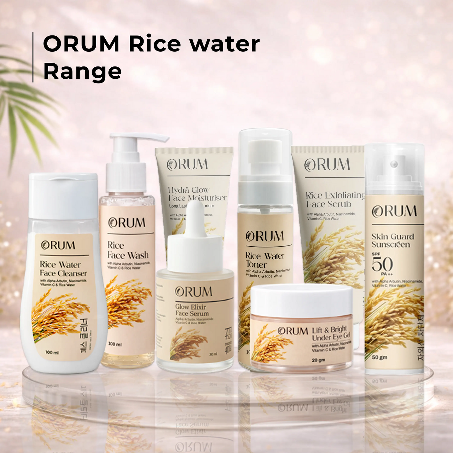 ORUM Rice Water skincare product range displayed on a reflective surface with blurred background