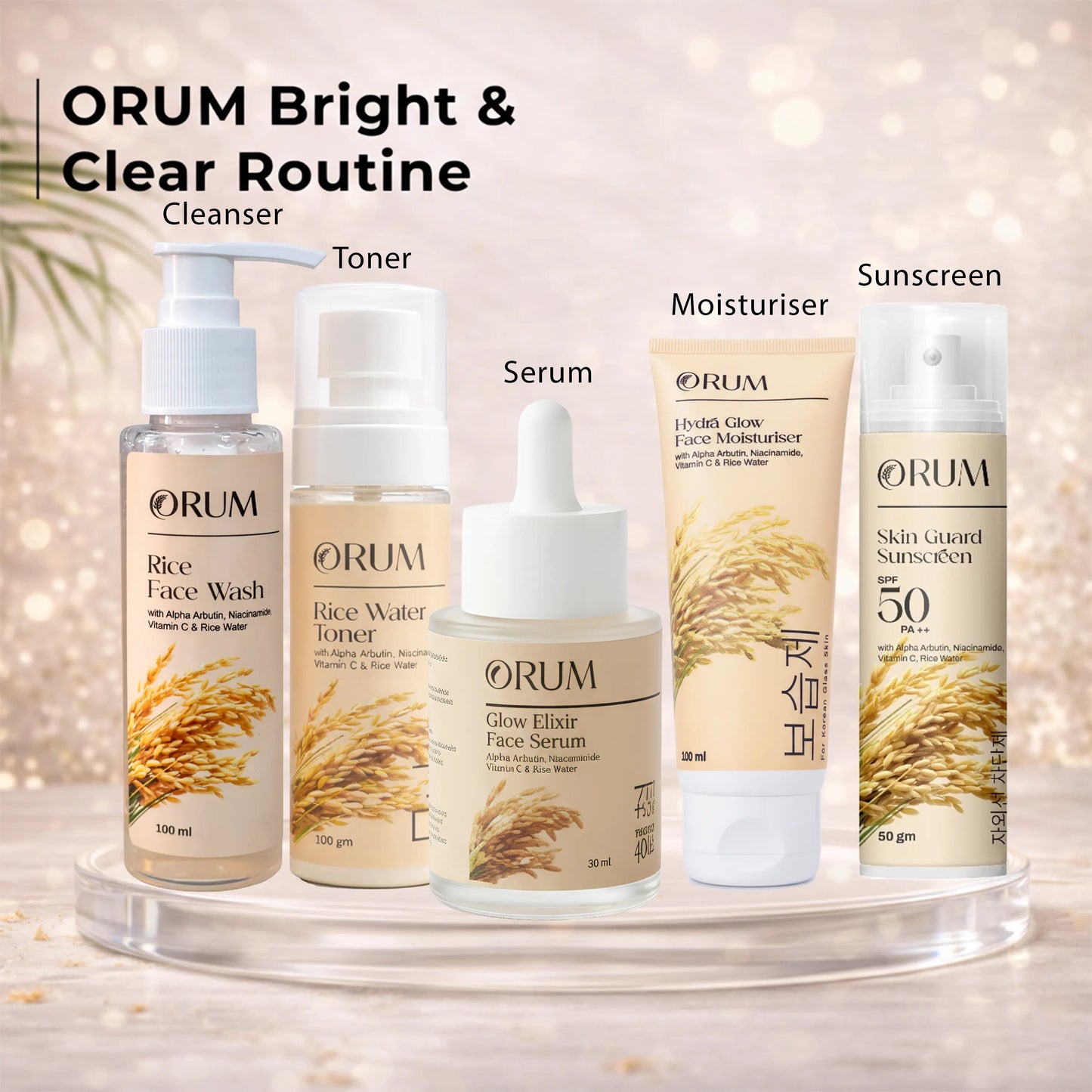 ORUM skincare products including face wash, toner, serum, moisturizer, and sunscreen on decorative stand