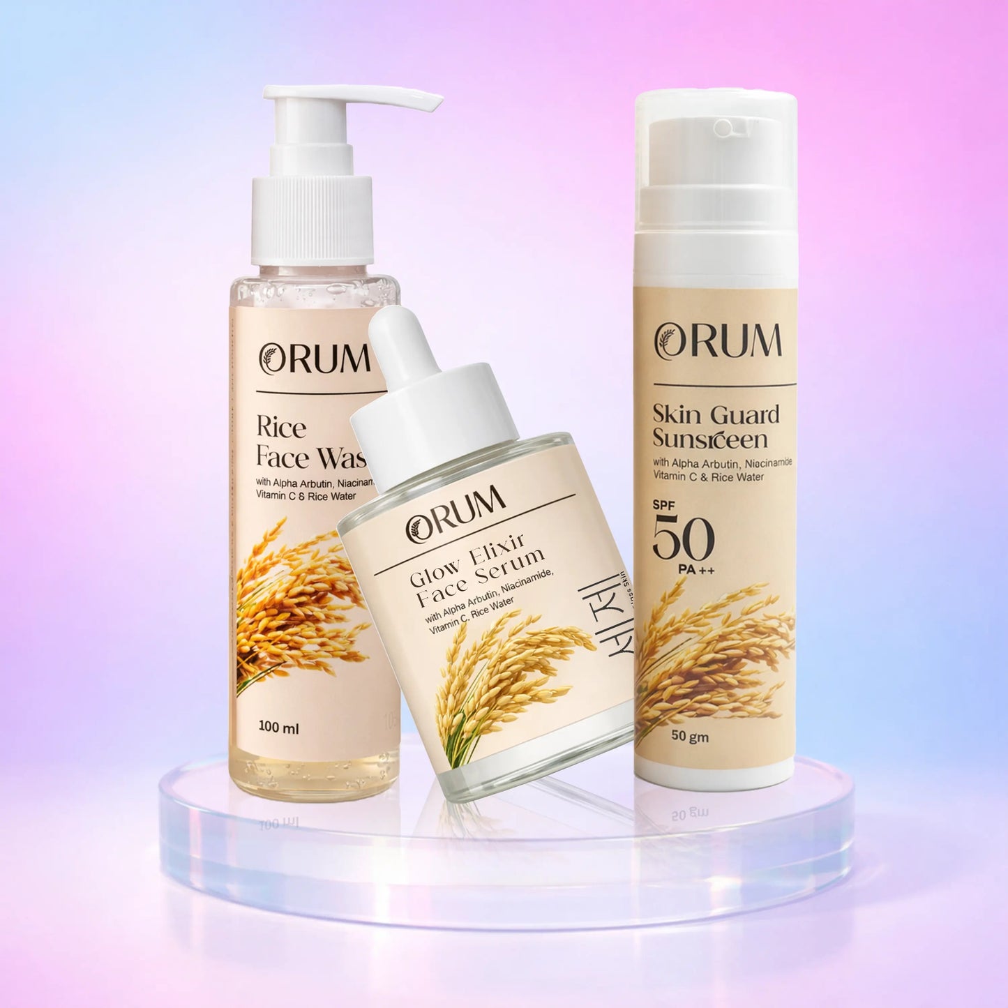 Glow Combo Pack Facewash, Serum, Sunscreen with Rice Water, Niacinamide, Alpha-Arbutin, Vitamin-C ORUM