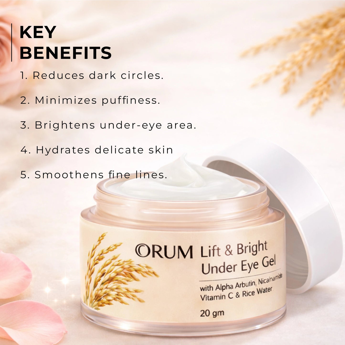 Rice Water Under Eye Cream with Niacinamide, Alpha Arbutin & Vitamin C- 20Gm ORUM