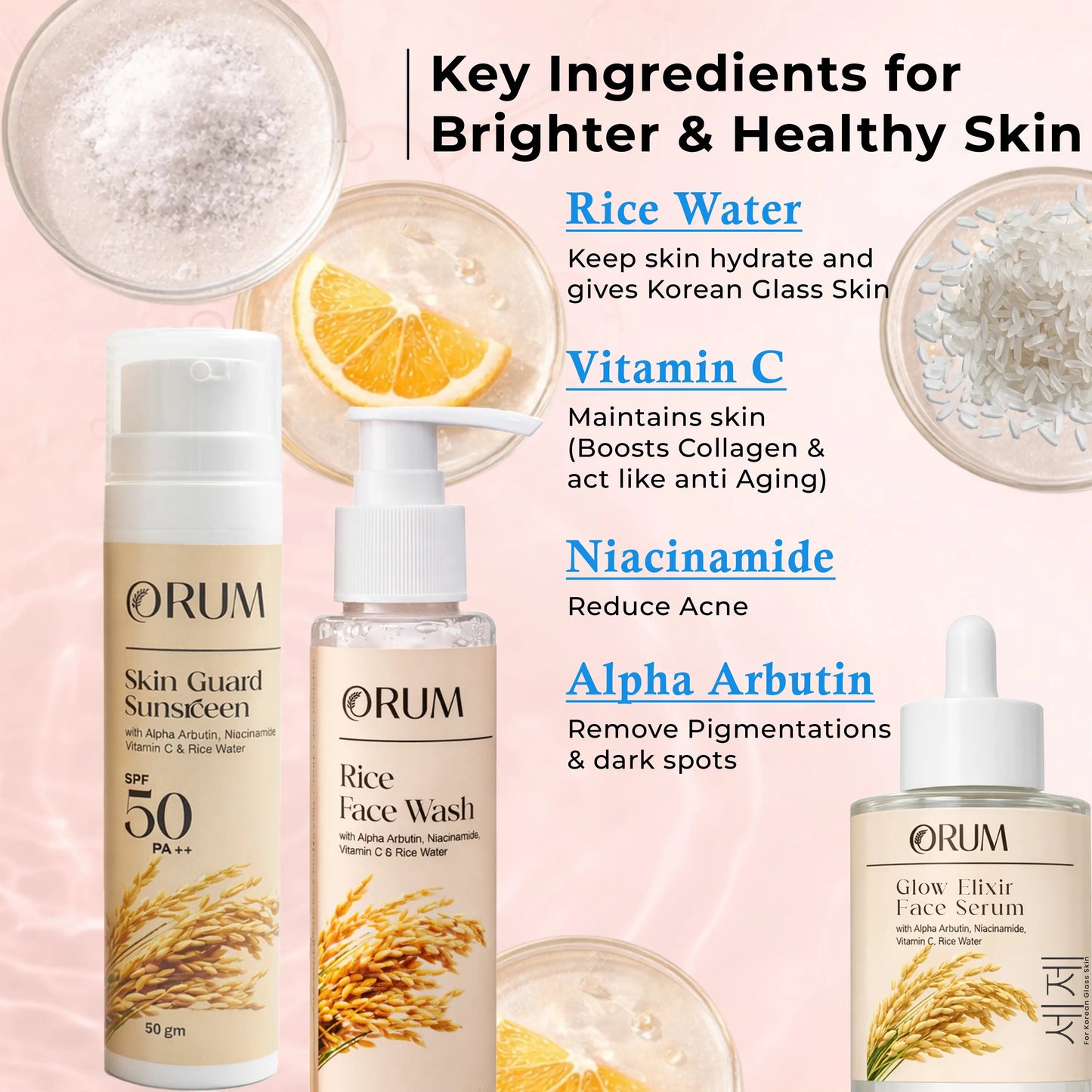 Glow Combo Pack Facewash, Serum, Sunscreen with Rice Water, Niacinamide, Alpha-Arbutin, Vitamin-C ORUM