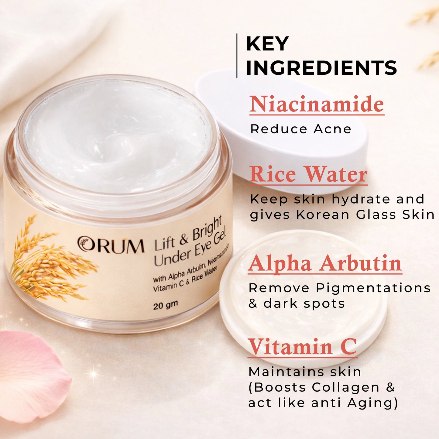 Rice Water Under Eye Cream with Niacinamide, Alpha Arbutin & Vitamin C- 20Gm ORUM