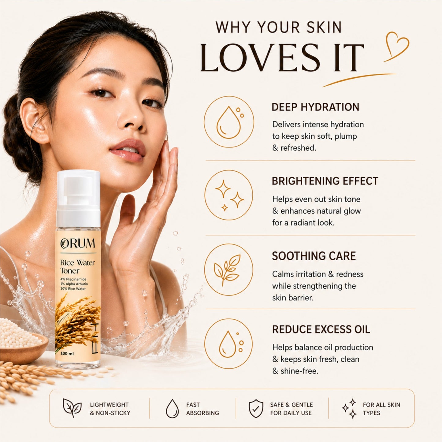 Rice Water Face Toner with 2% Niacinamide, 1% Alpha Arbutin- 100ML ORUM
