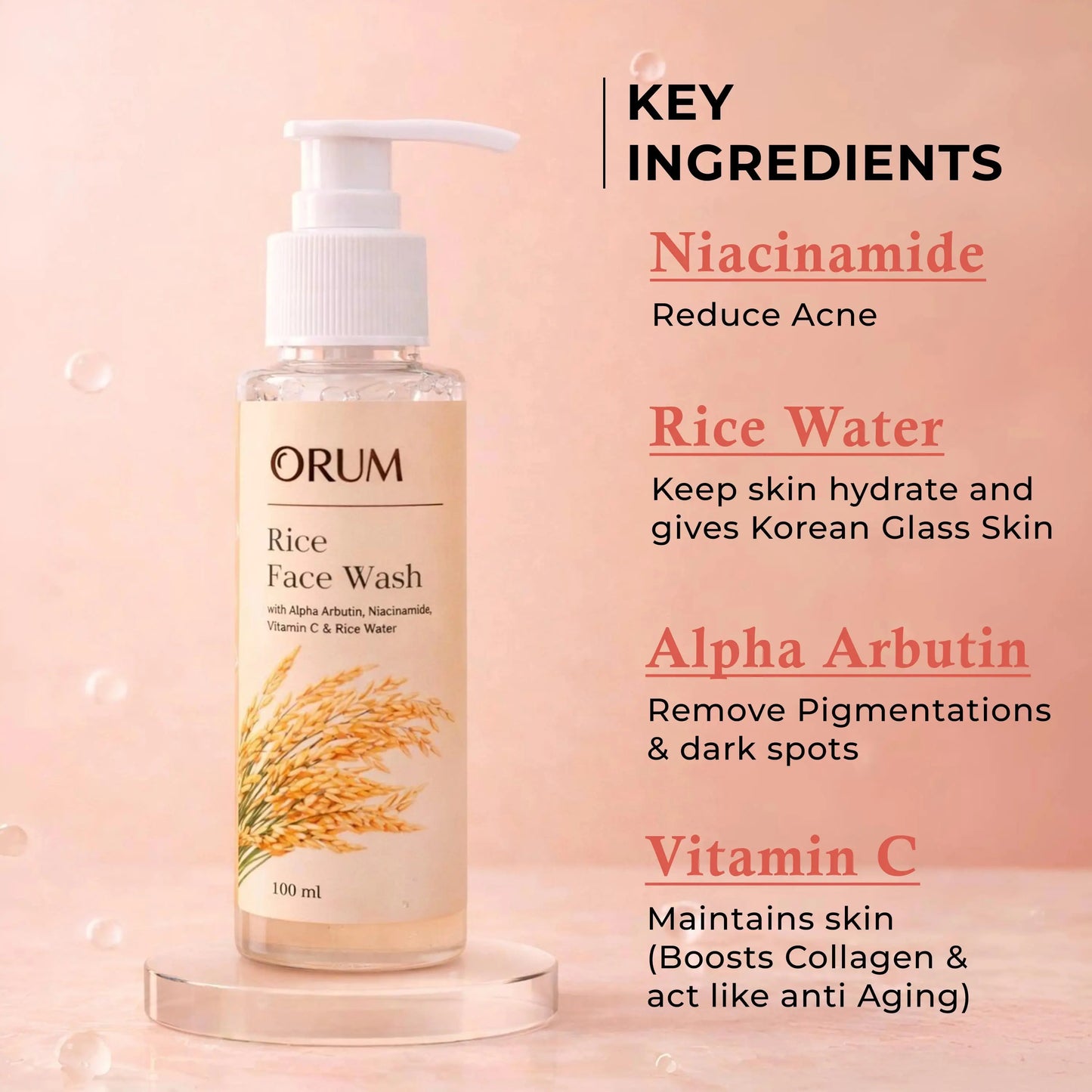 Rice Water Facewash All-In-One Concerns with Niacinamide, Alpha Arbutin & Vitamin C- 100ML ORUM