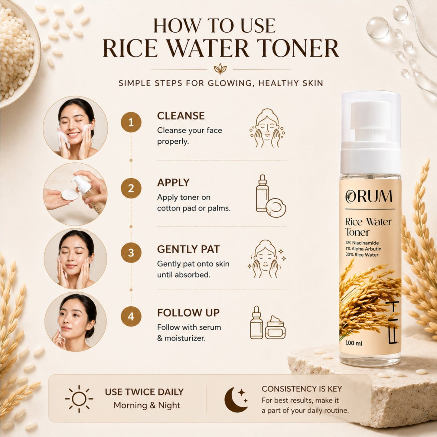 Rice Water Face Toner with 2% Niacinamide, 1% Alpha Arbutin- 100ML ORUM