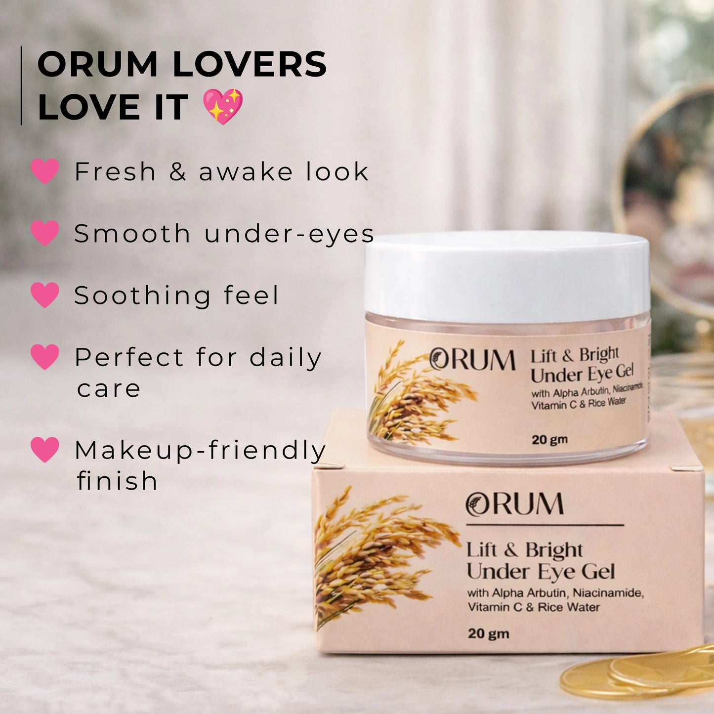 Rice Water Under Eye Cream with Niacinamide, Alpha Arbutin & Vitamin C- 20Gm ORUM