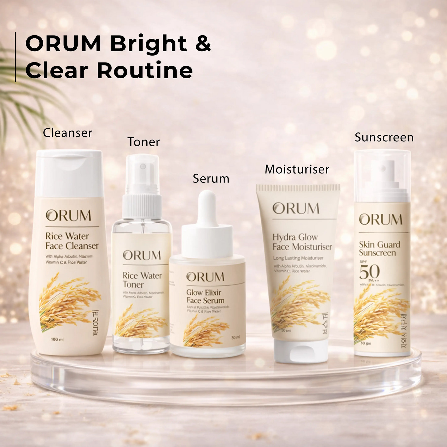 ORUM Cleanser, Toner, Serum, Moisturiser, and Sunscreen on a decorative stand with blurred background