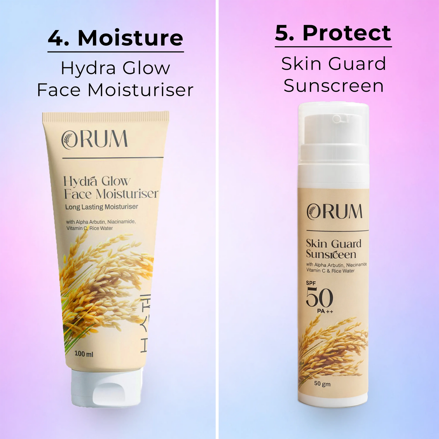 ORUM Hydra Glow Face Moisturiser and Skin Guard Sunscreen displayed on a soft gradient background