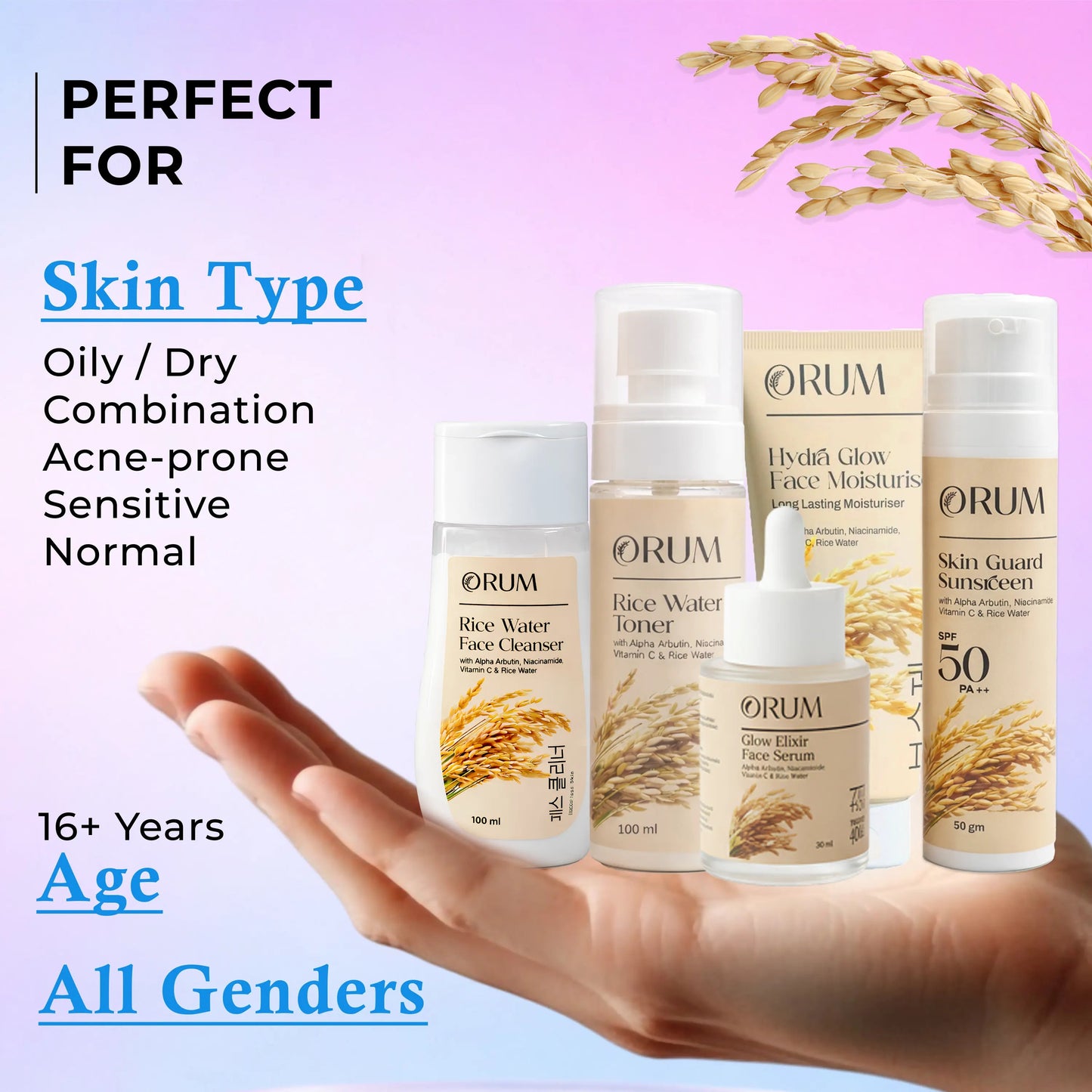 ORUM skincare product lineup on a hand with promotional text about skin types and age suitability