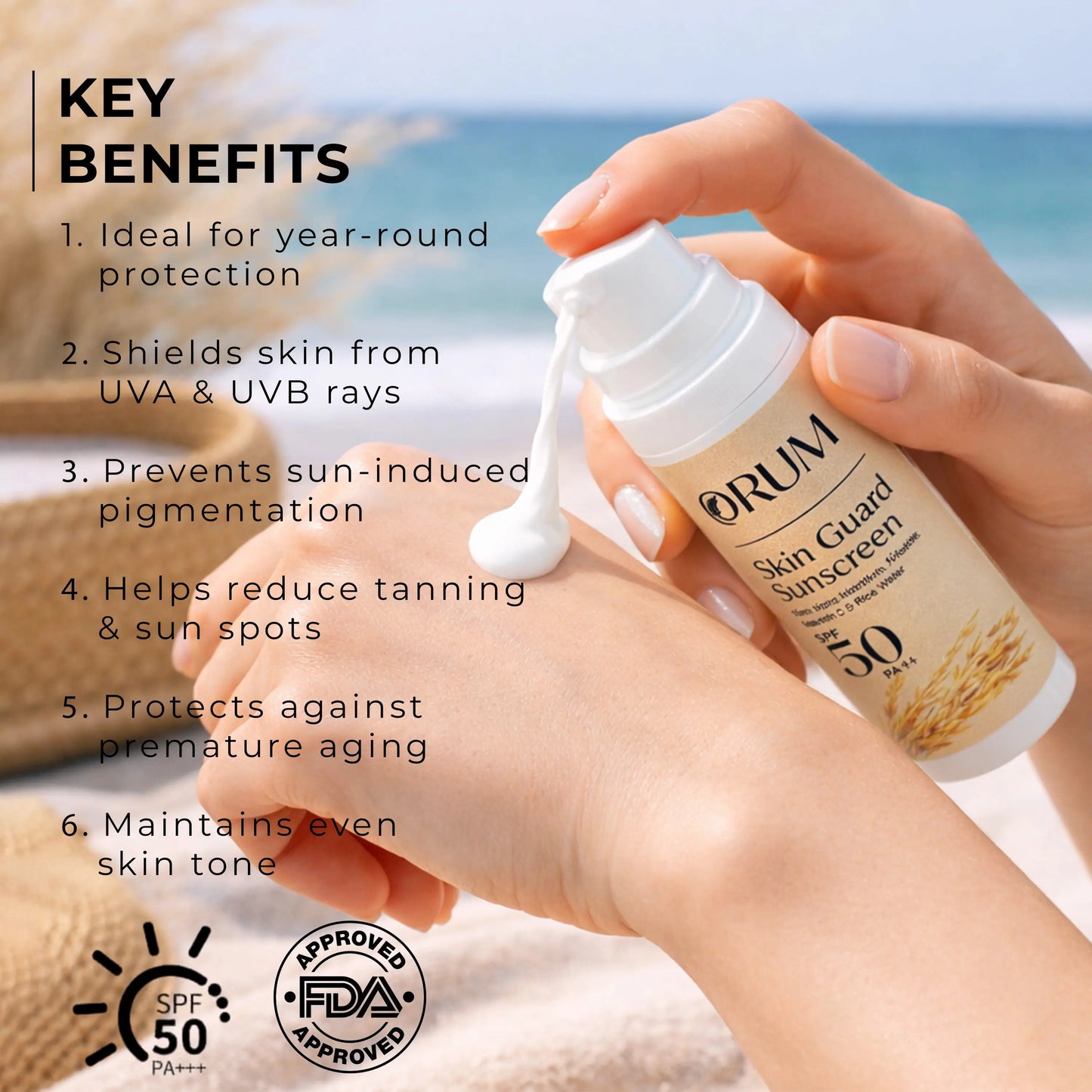 ORUM Skin Guard Sunscreen bottle on hand with key benefits listed on a blurred beach background