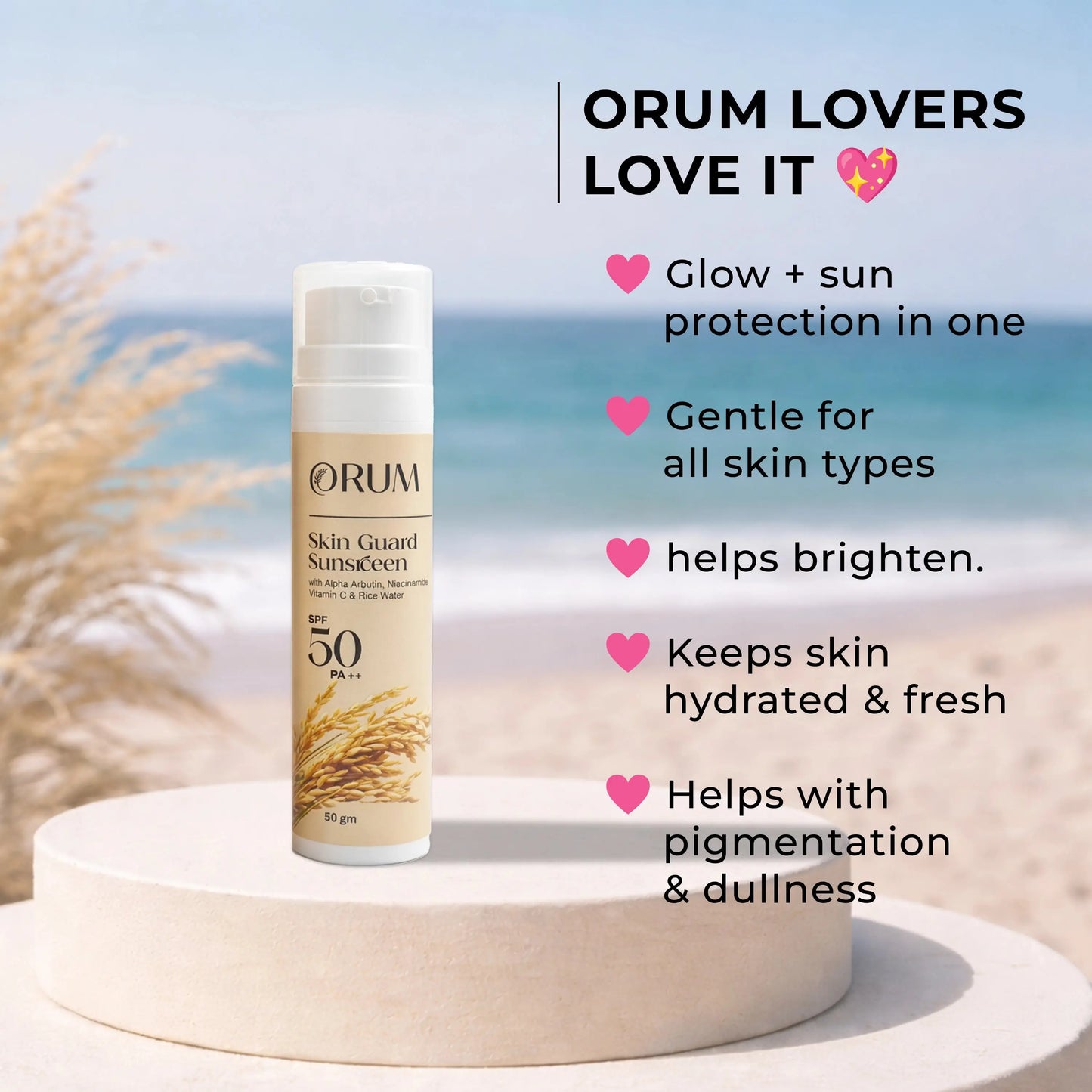 ORUM Skin Guard Sunscreen bottle on a beach with promotional text on a bright background