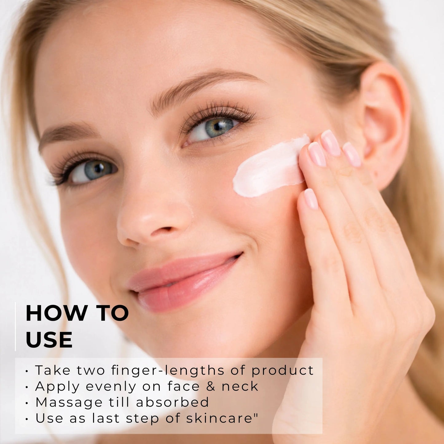 Woman applying skincare product with step by step usage instructions text on a clean background
