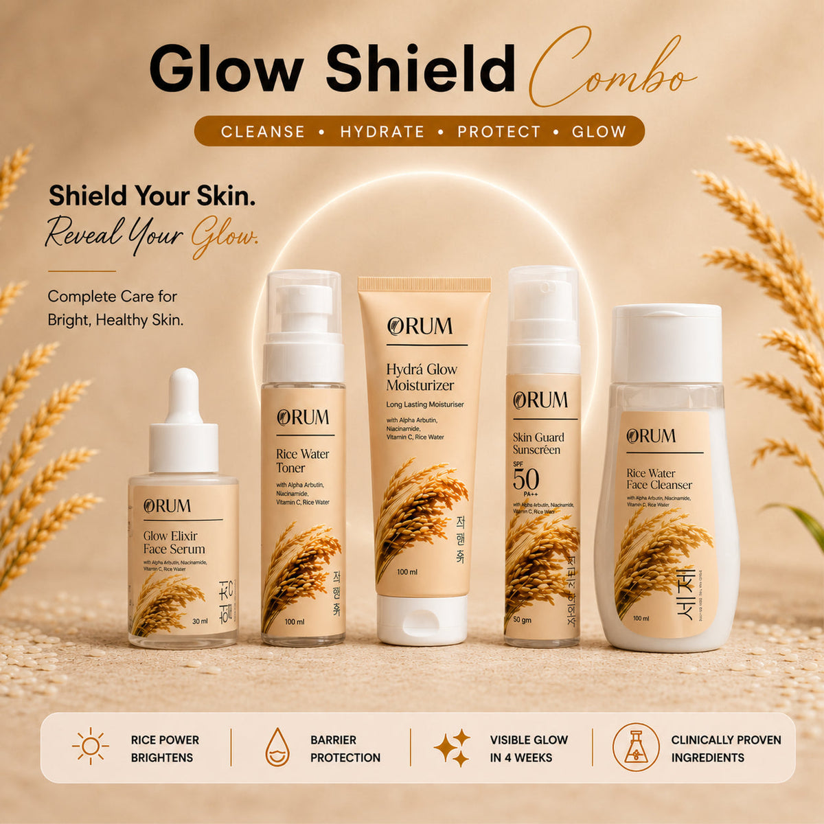 Glow Shield Combo- Rice Water Cleanser, Serum, Toner, Moisturiser, Suscreen ORUM